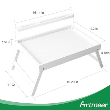 Artmeer Bed Tray Table with Folding Legs, Bamboo Breakfast Food Tray with Media Slot, Use As Platter, Laptop Desk, Snack, TV Tray Kitchen Serving Tray (White Large) - color: White, size: Large