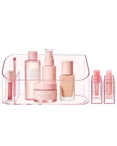 Makeup Tray Holder Organizer Cosmetic Display Case Tabletop Desktop Vanity Countertop Bathroom Wall Cabinet Medicine Storage Box 9 Dividers 2 Removable Women Ladies Girls Gifts Crystal Pink 1 PACK - color: Crystal Pink
