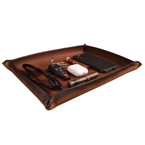 Valet Tray – Full-Grain Leather Catchall Organizer for Keys, Phone & Wallet – Rustic Nightstand & Desk Tray with Raised Sides – Handmade in USA (Vintage Brown, Large Rectangle) - color: Vintage Brown, size: Large Rectangle