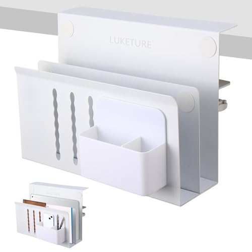 LUKETURE Desk Side Storage, 2 Tier Under Desk Laptop Mount with Pen Slot | Sturdy Steel Double Tier Strong, Magnetic Pen Holder, No Drill Clamp for Standing Desk Organizer, Fits 0.3-2.8" (White) - color: White, size: L(2 Tier)