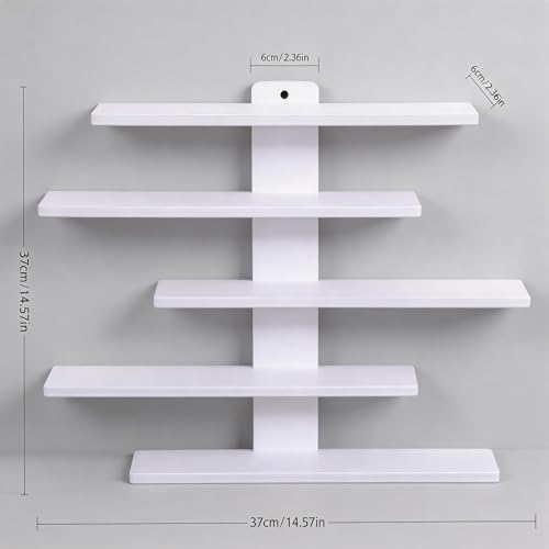 No Drill Floating Shelf for Wall, 5-Tier Wall Mounted Organizer, Damage-Free Display Shelf for Collectibles, Figures, Bathroom Kitchen Storage, White - color: White, size: 5-Tier (14.6" x14.6" x 2.4")