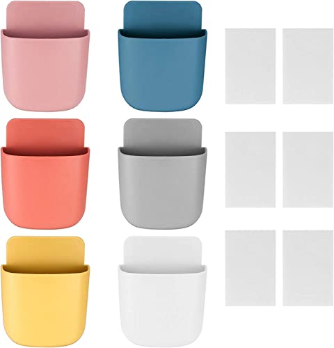 6 Pcs Remote Control Holder Wall Mounted, Self-Adhesive Wall Mount Phone Pen Pencil Makeup Brushes Glasses Holder Storage Box Organizer for Wall Beside Table - color: Blue, White, Red, Yellow, Gray, Pink
