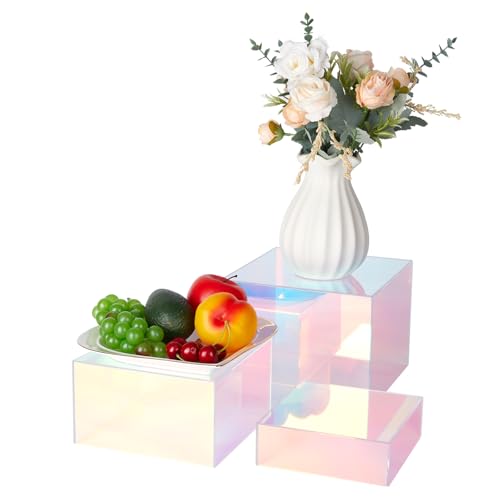 3Pcs Iridescent Risers Display Stands,Stackable Acrylic Cubes | Clear Display Box Nesting Rainbow Showcase for Collectibles Figures Jewelry Perfume Handbag Dessert, Neon Food Buffet Riser - color: Iridescent-3pcs