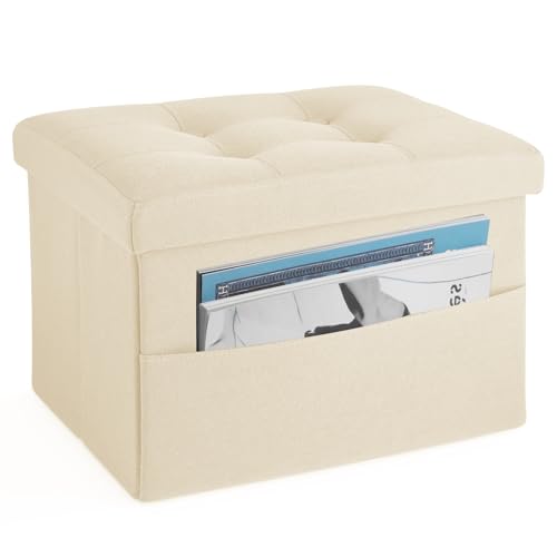 LINMAGCO Storage Ottoman Folding Foot Stool Foot Rest with Side Pocket Modern Ottoman with Storage Short Sofa Stool Linen Cloth 17x13x13(Beige) - color: Beige(linen), size: 13"D x 17"W x 13"H