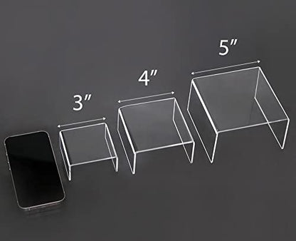 Jusalpha 6 -Piece Strong Clear Acrylic Rectangular Riser for Retail, Shelf Showcase Fixtures for Jewelry, Display Stand for Amiibo Funko POP Figures, Cupcakes, Food Display 5'' 4'' 3''(2)… - size: Large, 2 Sets