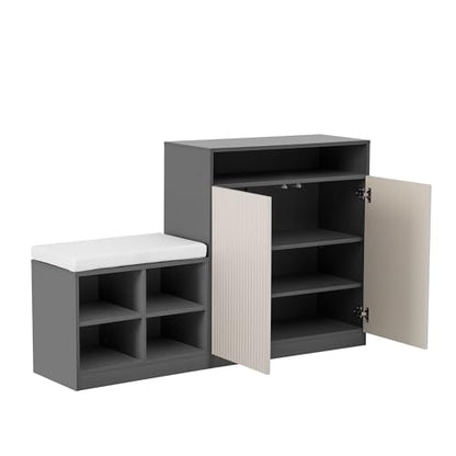 Low Entryway Shoe Cabinet with Bench,2 Doors and 3-Tier Adjustable Shelves,Living Room Benchs with 4 Open Shoe Racks and Removeble Cushion,Storage Console Table with Wavy Slatted Door and Hooks,Grey - color: Beige+grey