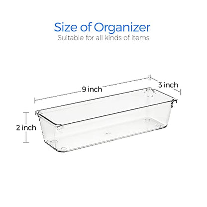 Ravinte 6 Pack Drawer Organizer - 3" X 9" Plastic Storage Bins, Acrylic Organizers with Non-Slip Pads Clear Desk Storage Tray for Makeup, Jewelries, Kitchen Utensils, Bathroom and Office - size: 3" x 9"