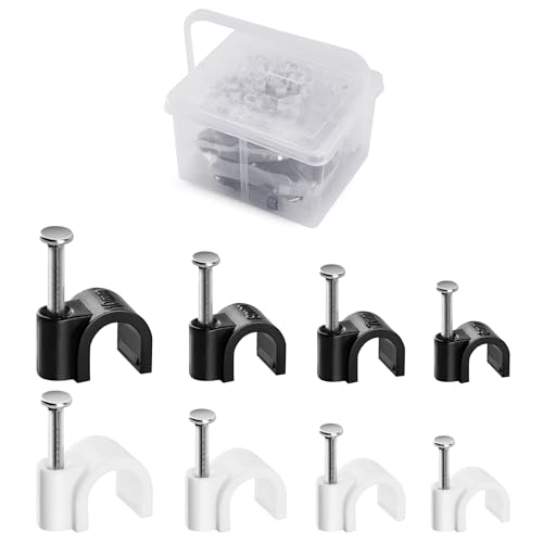 400 Pack Cable Clips with Steel Nails Kit, OD: 6mm/7mm/8mm/10mm Round U Nails (Black&White, Each 50PCS, Total 400PCS), Cable Wire Cord Management Clips, for Wall, Floor, Ceiling, Ethernet, Coax Cable
