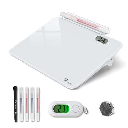Small Glass Desk Whiteboard Dry-Erase Board with Clock, Small Travel Clock Keychain with Desk Notepad, Time Table Whiteboard for Desk Digital LED Light Display, 8x6 in with Accessories, White - color: White With Clock