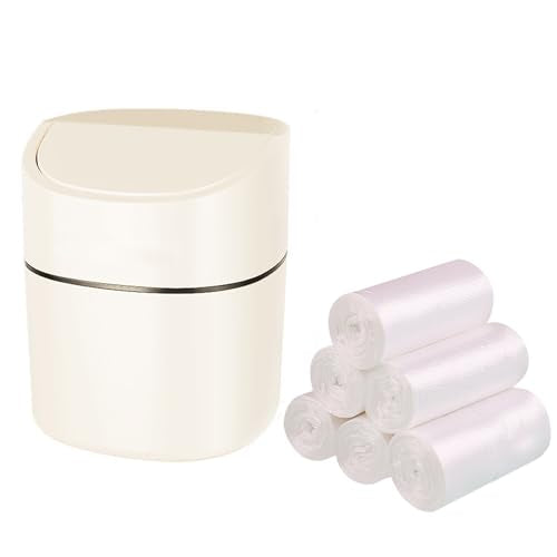 Mini Desk Trash Can with Lid, Tiny Countertop Garbage Can, Small Swing-Lid Table Top Trash Bin, Removable Plastic Desktop Waste Basket with Trash Bags 180Pcs for Vanity Bathroom Bedroom Office Car
