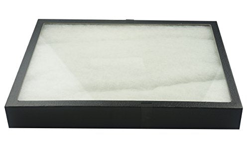 SE 16"x12"x2" Inch Glass Top Riker Display Box with Metal Clips - Deep Case for Jewelry, Gems, Stones, Coins, Stamps, Butterflies - Secure Closure, Polyester Filled - size: 16” x 12” x 2"
