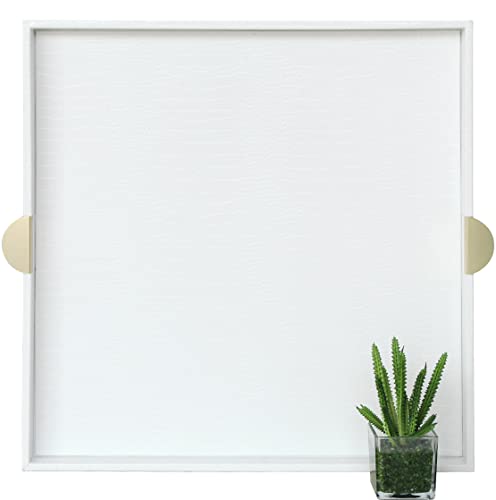 HofferRuffer Extra Large Square Serving Tray, Elegant Faux Leather Ottoman Tray with Gold Hardware Handles, Serve Tea, Coffee or Breakfast in Bed, 23.6 x 23.6 inches, White Large Square - color: White, size: 23.6" x 23.6" x 2"