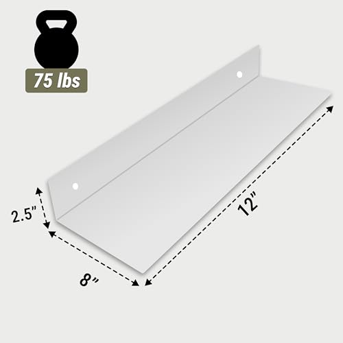 SIMOND STORE White Metal Floating Shelves 12" X 8" Small Heavy Duty Shelves | for Wall Mounted Gaming, Console, PlayStation, TV Shelf, small metal wall shelf for home office, router and media accessories - size: 12-inch X 8-inch Powder Coated White