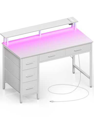 Seventable Computer Desk with Power Outlets & LED Light, 39 inch Home Office Desk with 5 Drawers, Writing Desk with Monitor Stand, Work Desk for Home Office, White - size: 39 inch