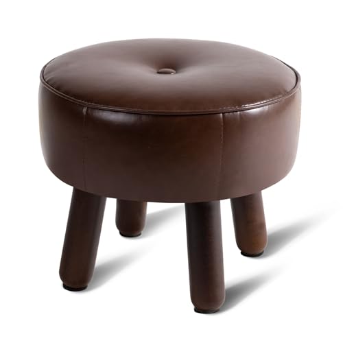 oakvivo Small Foot Stool Ottoman, Round Pouf Foot Rest, Footstool Ottomans with Rubber Legs Under Desk, Faux Leather Footrest for Couch, Living Room, Bedroom, Office, 13''L x 13''W x 10.2''H, Coffee - color: Coffee