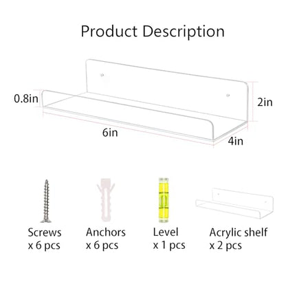 TONICE 2 Pack Acrylic Shelves for Wall 6in Floating Shelf Wall Mounted Set for Room, Bedroom, Bathroom, Kitchen, Living Room, Office Book Shelf Storage Decor