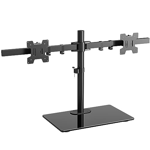 WALI Free Standing Dual Monitor Stand, Height Adjustable Monitor Mount with Glass Base, Fits LCD LED Flat Curved Screen up to 27 inch, 22lbs, with Grommet Base (GMF002) - size: Dual, style: Glass Free Stand