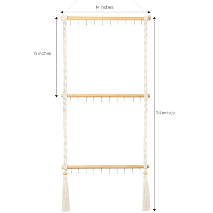 UREYMX Hanging Jewelry Organizer Macrame Necklace Holder, with 30 Hooks, Over Door Necklace Rack, Wall Mounted Jewelry Hanger with Tassel Boho for Necklace Headband Bow Earring Bracelet
