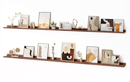 Floating Picture Ledge Shelves for Wall Set of 2, 84 Inches Picture Ledge Shelf with Long Large Nursery Book Shelf for Toys Storage Kids Bookshelf Wall Mounted Living Room Bedroom Decor Frames, Walnut - color: Picture Ledge Shelves,walnut, size: 84in