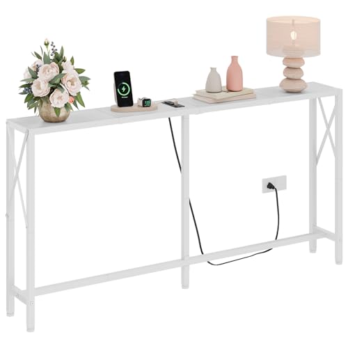 Gewudraw Console Table with Oulets and USB Ports, 55.1" Sofa Table Behind Couch, Industrial Long Skinny Stand for Hallway, Living Room, Bedroom, 6.5 Feet Power Cord, White - color: White, size: 55.1W