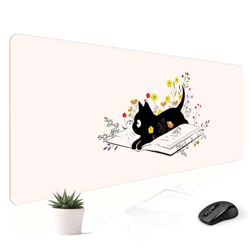 Mousepad Desk Mat Gaming Large Keyboard Cute Office Desktop Computer Laptop XXL Long Big Kawaii Aesthetic Girly Pretty Design Women Girl Gamer Oversized Wide 30x12'' Mousepad, Cat Book - color: Black Cat