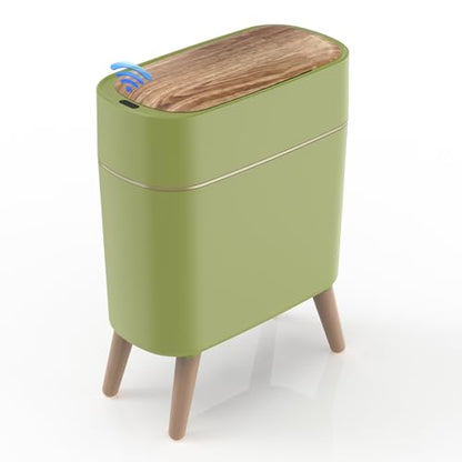 suyika Automatic Trash Can, 2.6 Gallon/10L Bathroom Trash Can with Lid - Wood Grain Lid and Legs, Touchless Waterproof Garbage Bin for Bedroom, Bathroom, Office, Living Room - color: Green