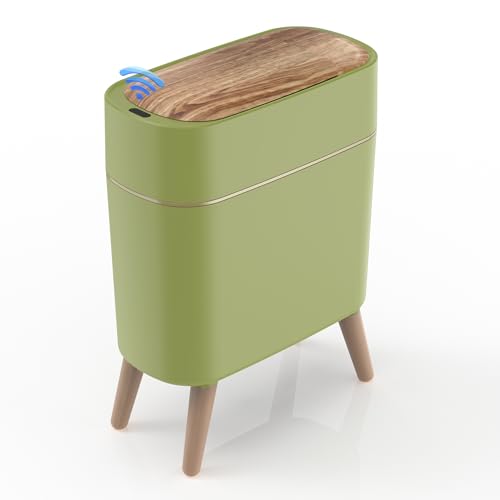 suyika Automatic Trash Can, 2.6 Gallon/10L Bathroom Trash Can with Lid - Wood Grain Lid and Legs, Touchless Waterproof Garbage Bin for Bedroom, Bathroom, Office, Living Room - color: Green