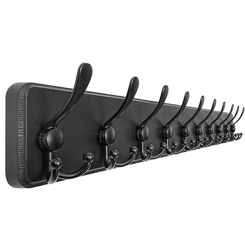 Dseap Coat Rack Wall - Heavy-Duty 38-1/4" Long, with Reinforced 10 Custom Tri-Hooks, Solid Wood Wall Hanger for Coats Hat Jackets - Rustic Farmhouse Entryway Hallway Storage, Black - color: Black, size: L=38.3"