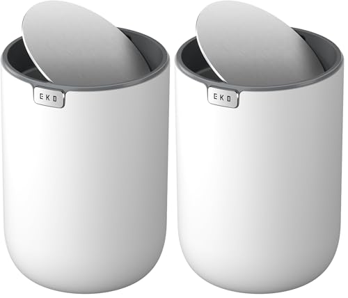 EKO Mini Desk Trash Can with Swing-Top Lid 0.4 Gallon Small Table Round Wastebasket for Office, Home, Car (White) (Pack of 2) - color: White, size: 1.5 Liters (Pack of 2)