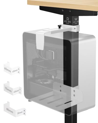 TOPSKY Adjustable Under-Desk PC Mount, No-Drill Computer CPU Holder for Standing Desks, Supports up to 50 lbs, Easy Installation, (Only Fits 80x50mm 75x45mm 65x45mm Desk Legs),White - color: White