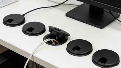 Desk Grommet w/Cover, Black Plastic, 5 Pack, 2.5 Inch Hole | Cable Management