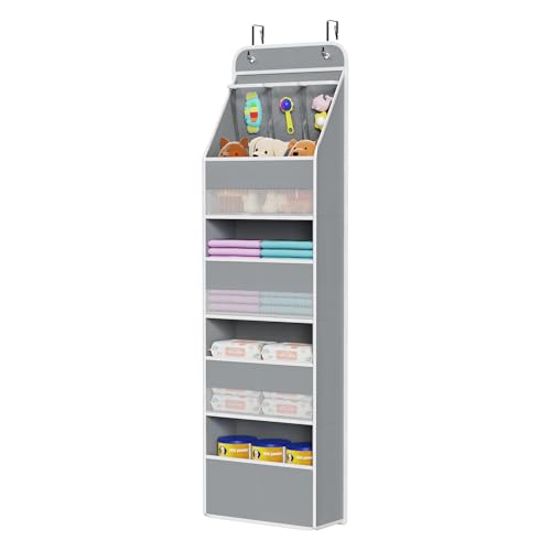 Univivi 5-Shelf Space Saving Door Storage Over Door Hanging Organizer with 4 Large Capacity Roomy Pockets Closet Cabinet Wall Mount Hanging Easy Install Storage Organizers for Baby Nursery (Grey) - color: Grey, size: 5 LAYER