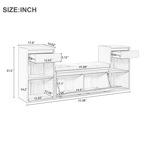 JIJIWANG 77.48" W Entryway Storage Bench with Cushion, 4-in-1 Hallway Bench with Drawers, Compartments and Open Shelves, Mudroom Bench for Shoes and Storage, Brown - color: Brown