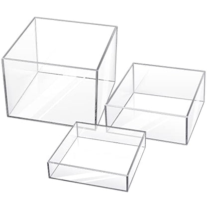 Set of 3 Acrylic Display Risers - Acrylic Boxes & Cubes - 5 Sided with Hollow Bottoms - Display Stand for Collectibles (Clear) - color: Clear