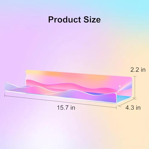 4 Pack Iridescent Acrylic Floating Shelves, 15.7" Clear Acrylic Display Shelves Bookshelf Wall Mounted, Bathroom Kids Room Home Storage Wall Decor Ledge Shelf for Skincare, Perfume, Nail Polish - style: 15.7 inch 4-pack, Iridescent