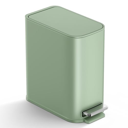 TIPGO Small Bathroom Trash Can with Lid Soft Close, Step Pedal, 1.3 Gallon / 5 Liter Stainless Steel Slim Garbage Can for Office, Diaper Waste Basket with Removable Inner Bucket (Green) - color: Green