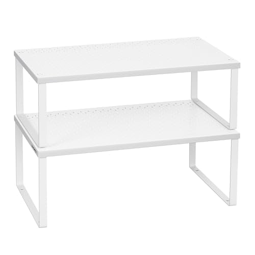 SONGMICS Spice Racks, Set of 2 Metal Cabinet Shelf Organizers, Countertop Organizers, Shelf Risers, Stackable, Expandable, White UKCS401W01 - color: White, size: 9"D x 15.7"W x 6.1"H + 8.6"D x 15.7"W x 5.4"H
