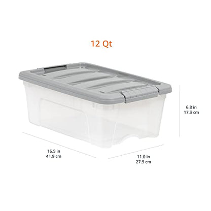 Amazon Basics Plastic Storage Containers with Secure Latching Lids, Stackable Organization Bins, Clear/Grey, 12 Quart, Set of 6 - size: 12 Qt. - 6 Pack