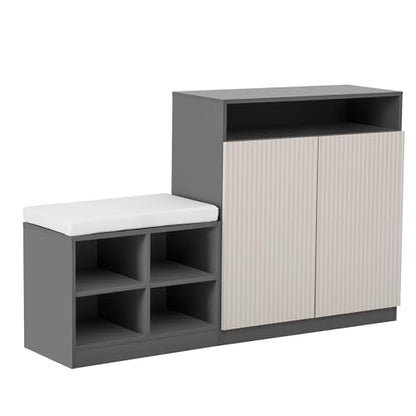 Low Entryway Shoe Cabinet with Bench,2 Doors and 3-Tier Adjustable Shelves,Living Room Benchs with 4 Open Shoe Racks and Removeble Cushion,Storage Console Table with Wavy Slatted Door and Hooks,Grey - color: Beige+grey