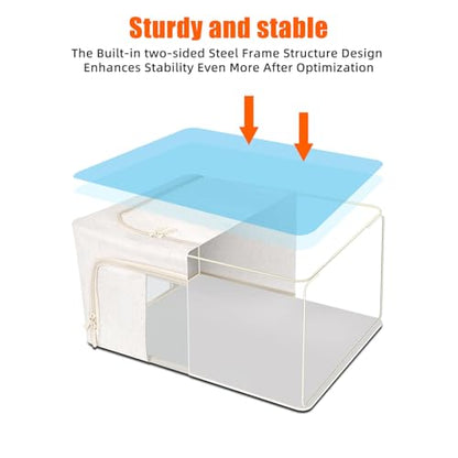 Foldable Clothes Storage Bins with Solid core powder-coated steel fram, 24/ 66L Storage Bags Fabric Box Organizer with Clear Window Zippers Sturdy Handles 2 Pack (Beige, 24L 1Pack) - size: 24L 1Pack