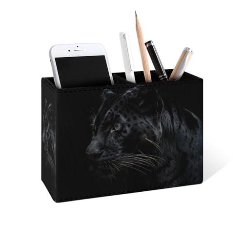 Famame Black Leopard Pencil Holder for Desk, Leather Desktop Container Pen Cup Storage Study Table Pen Organizer Makeup Brush Holder for Classroom Office Home - color: Black Leopard