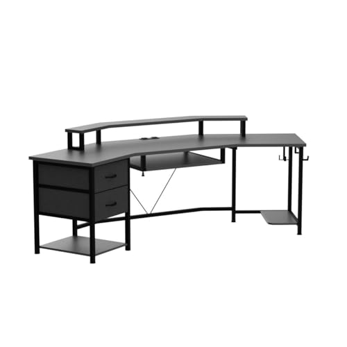 SEDETA 79" Gaming Desk, Computer Desk with 2 Fabric Drawers & LED Light, L Shaped Gaming Desk with Storage Shelf for Home Office, Carbon Fiber Black - color: Carbon Fiber Black