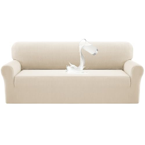 PrinceDeco Waterproof Couch Covers Slipcovers for Sofas,1 Piece Stretch Jacquard Sofa Slipcover Leakproof Pet Friendly Furniture Protector for Kids, Dog (Sofa Seat Width 52"-58", Ivory) - color: Ivory, size: 2.5 Seat (Seat Width 52"-58")