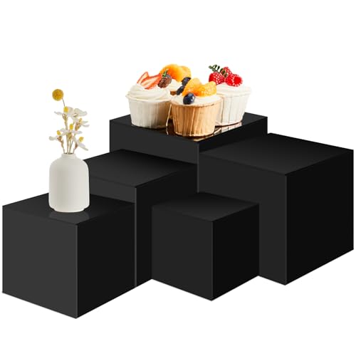 Geetery Set of 5 Display Buffet Risers Acrylic Cube with Hollow Bottoms Acrylic Boxes for Display Dessert Table Stands for Catering Collectibles Jewelry Decor(3,4,5,6,7 Inch,Black) - color: Black, size: Small,3,4,5,6,7 Inch