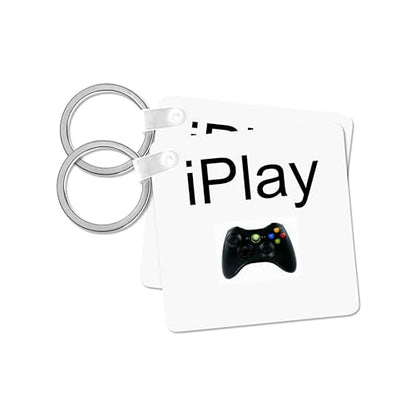 3dRose, iPlay, black lettering on white background, picture of game controller, Key Chain - size: set of 4 Key Chains