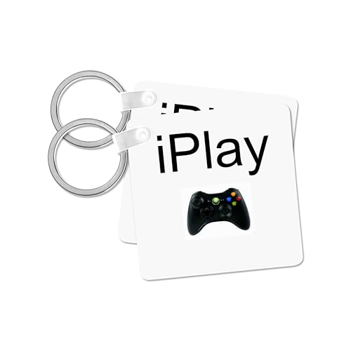 3dRose, iPlay, black lettering on white background, picture of game controller, Key Chain - size: set of 2 Key Chains