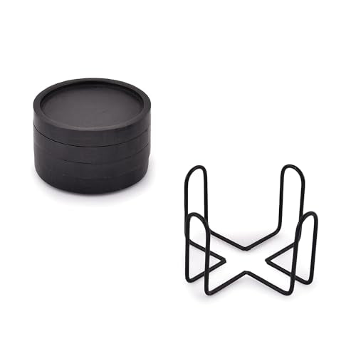 NIRMAN Wooden Coasters for Drinks Coffee Table, Round Drink Coasters with Holder for Tabletop Protection, Set of 4 (4" x 4" x 0.5") (Black)