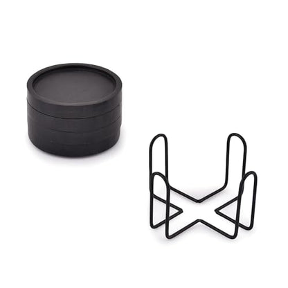 NIRMAN Wooden Coasters for Drinks Coffee Table, Round Drink Coasters with Holder for Tabletop Protection, Set of 4 (4" x 4" x 0.5") (Black)