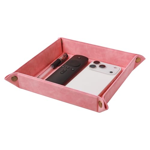 Valet Tray Desktop Storage Organizer – Premium PU Leather Catchall Bedside Vanity Tray Nightstand Caddy Holder for Remote Controller, Keys, Phone, Wallet, Coin, Jewelry,Pink - color: Pink