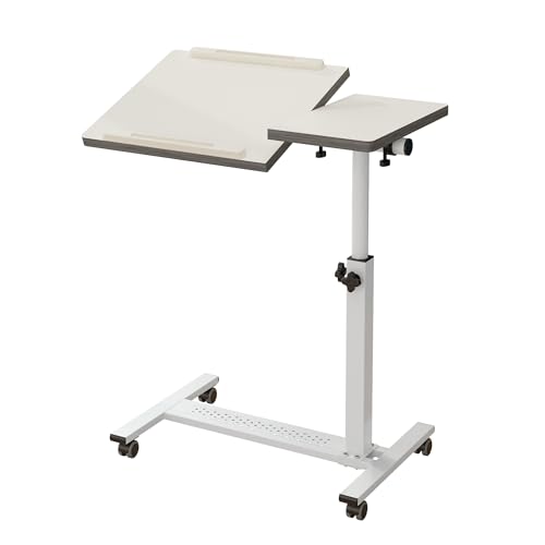 TigerDad Over Bed Table with Wheels Adjustable | Rolling Laptop Table Overbed Desk Hospital Tray Table Sofa Chair Side Table for Home Office (White) - color: White